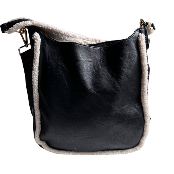 Ah-Dorned Sherpa Trim Vegan Leather Crossbody Shoulder Bag - Picture 11 of 12